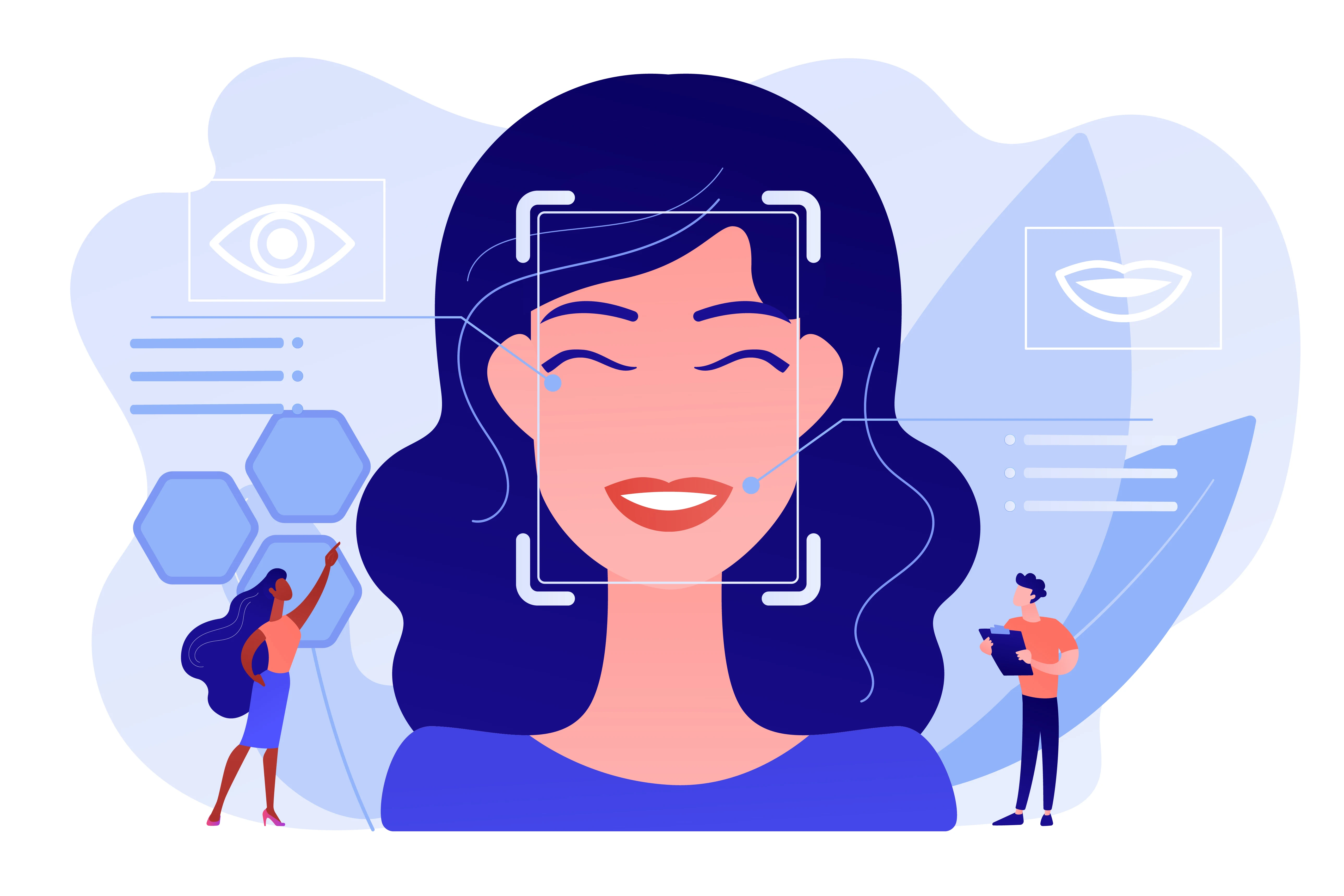 Illustration of tiny scientists analyzing a woman's emotions through voice and facial recognition technology, representing emotion detection and sensor technology concepts. Designed by vectorjuice / Freepik