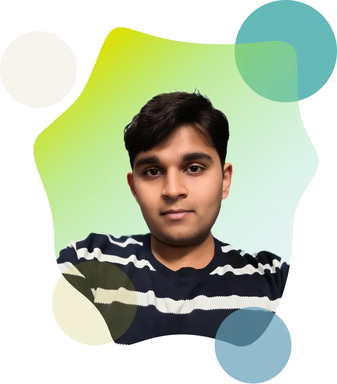 Atharva's image wearing a black and blue sweeter, surrounded with different circles.