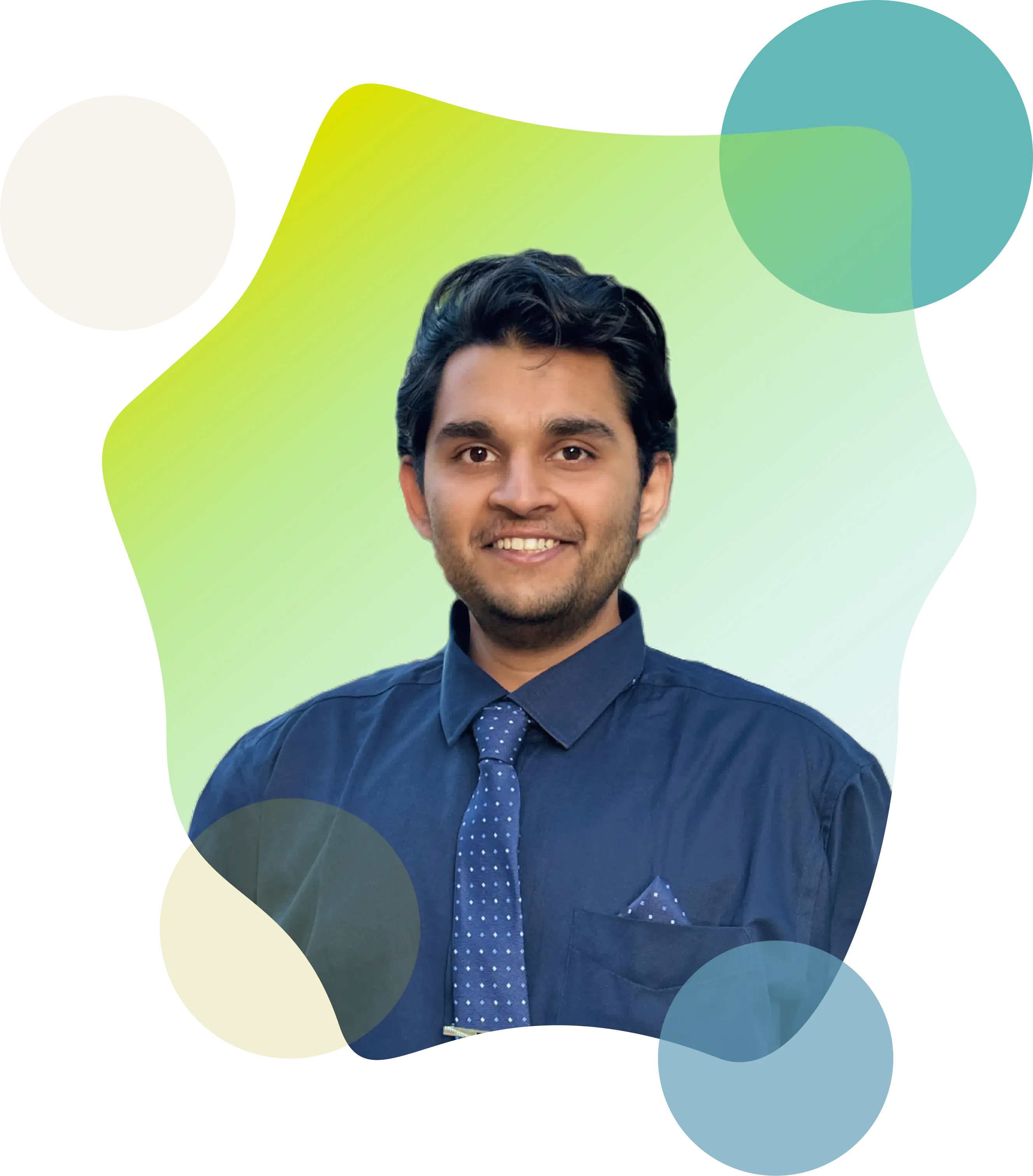 Atharva's image wearing a black and blue sweeter, surrounded with different circles.